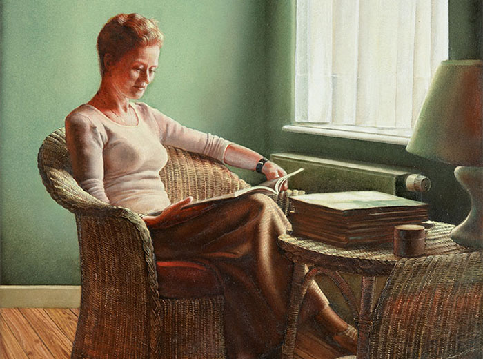 Woman reading in daylight - 40x50 - Tempera on panel - 2006